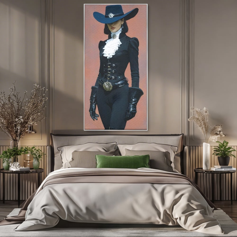 Tablou canvas cu tablou canvas cu femeie aristocrata imbracata in negru, in rama de aluminiu argintiu, pe perete intr-un dormitor